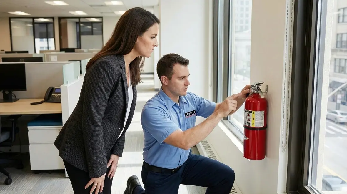 Technician providing Bellflower fire extinguisher service for a local business