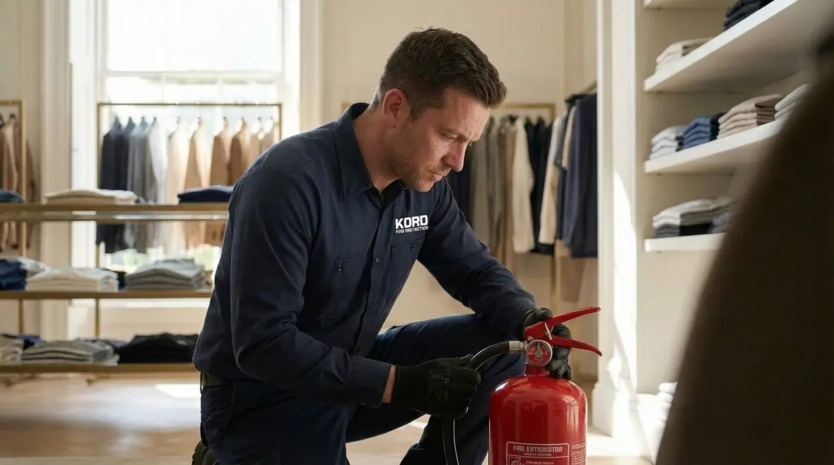 Technician performing Beverly Hills fire extinguisher inspection in a commercial lobby