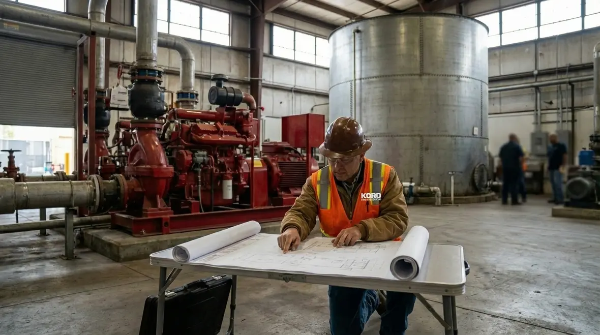 Technicians reviewing industrial fire risks in Compton