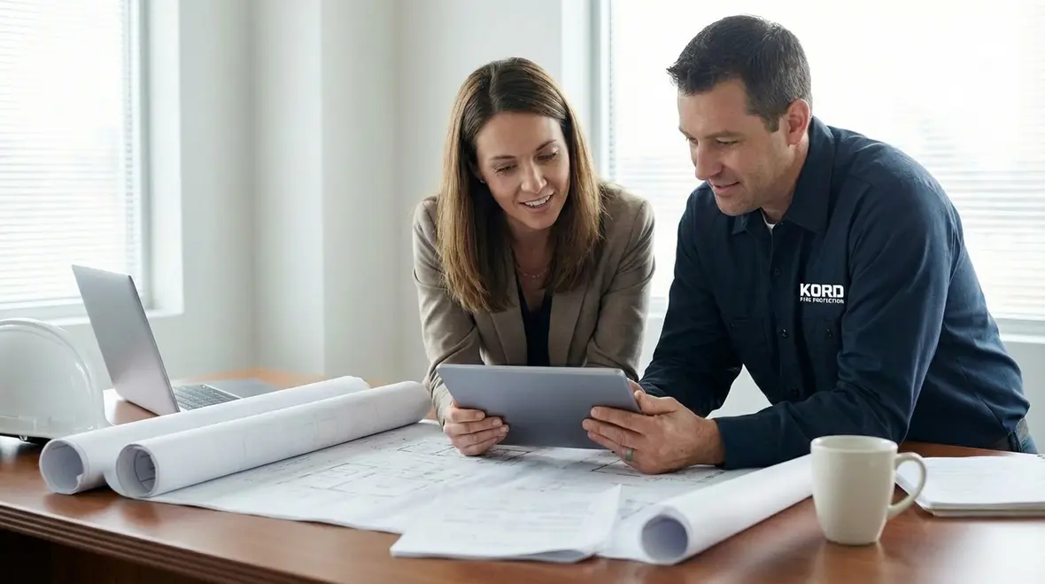 Kord Fire Protection technician testing a monitored fire alarm system