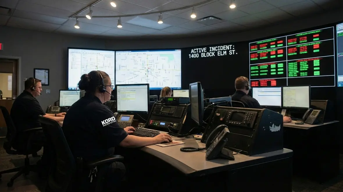 Technician configuring a Burbank fire alarm monitoring panel