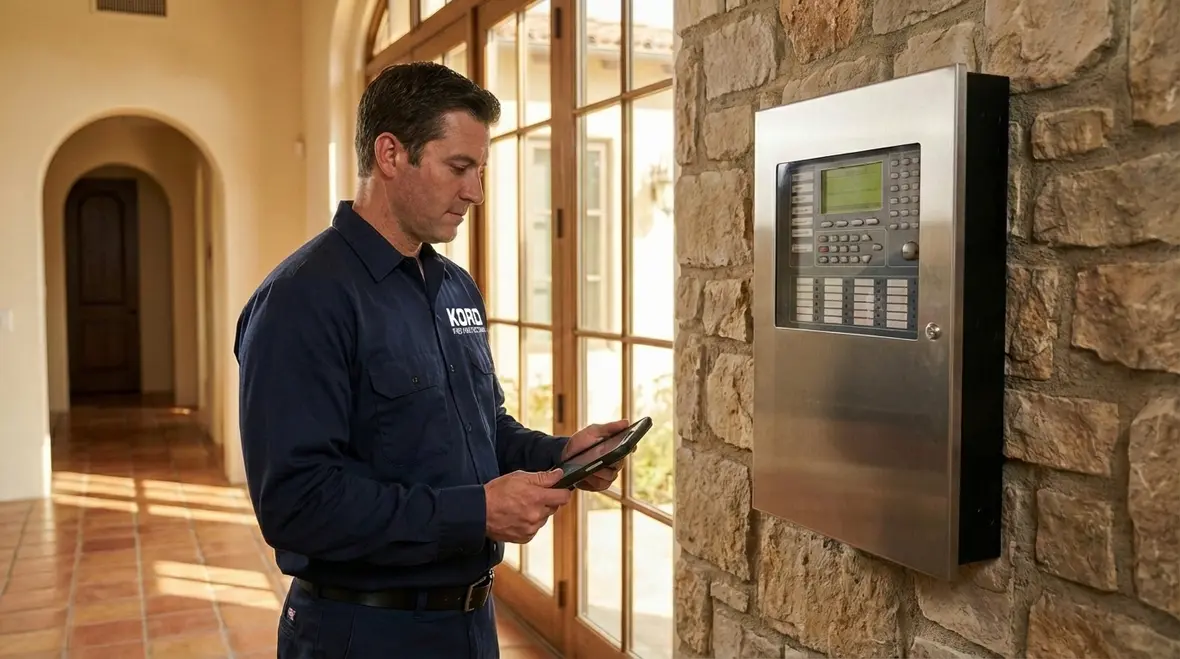 Technician configuring Calabasas fire alarm monitoring panel