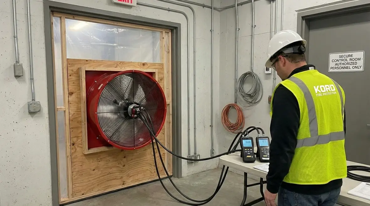 Technicians reviewing room integrity test results