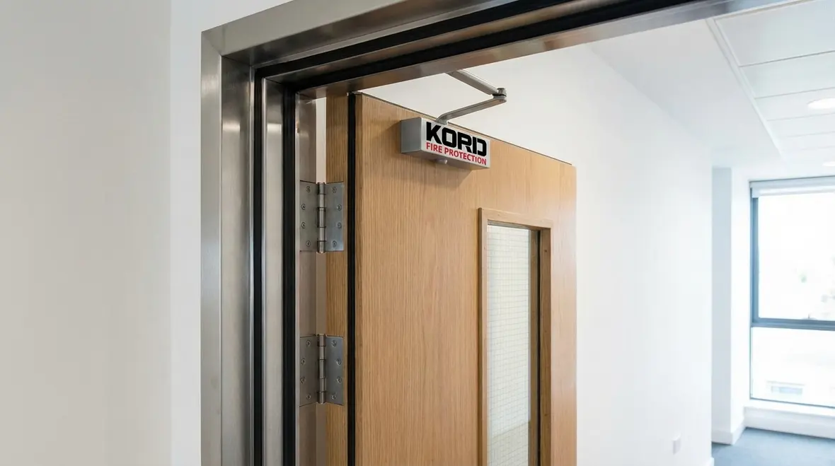 Technician inspecting a commercial fire door in Claremont