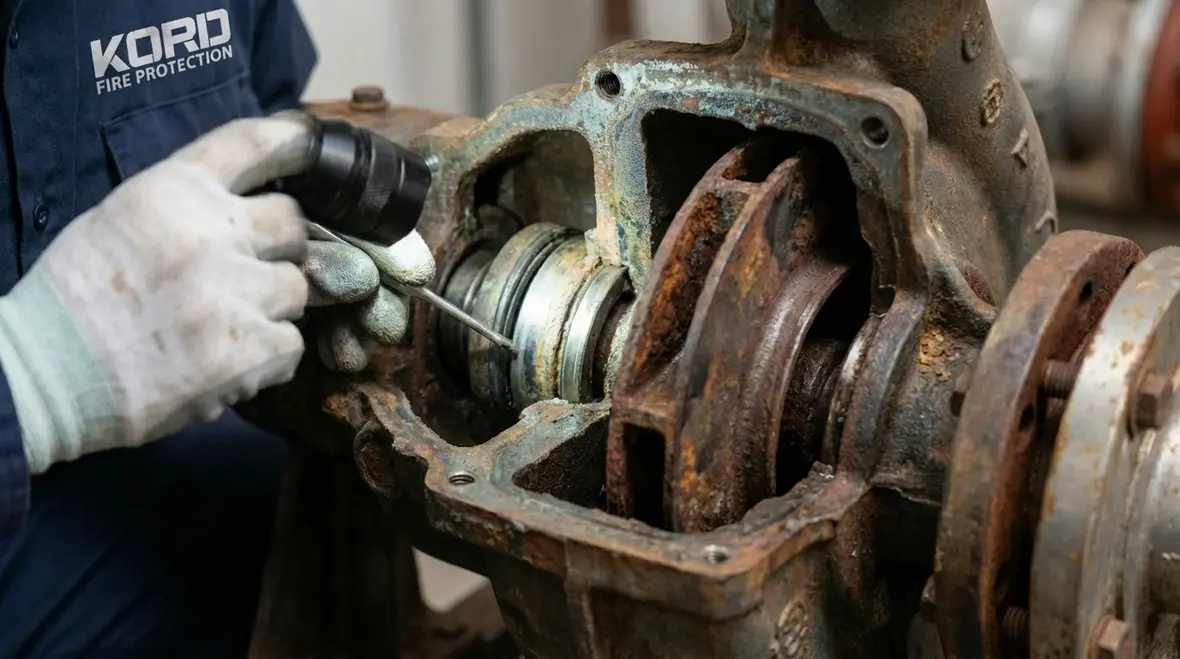 Technician inspecting fire pump components
