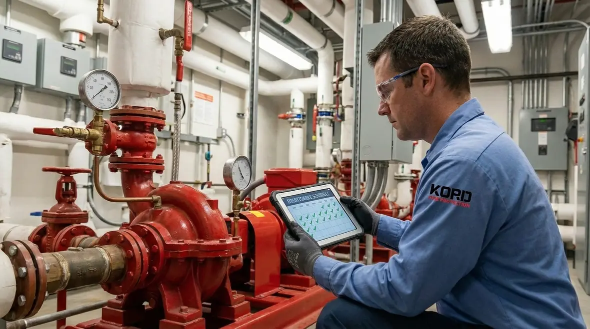 Technician reading fire pump gauges during testing
