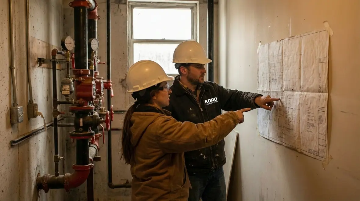 Inspector reviewing industrial fire suppression documents in Commerce