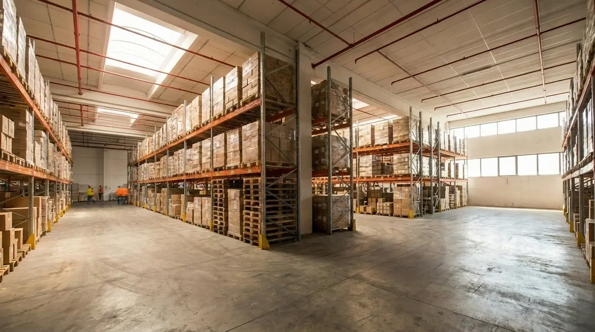 Technician inspecting Commerce warehouse fire sprinklers