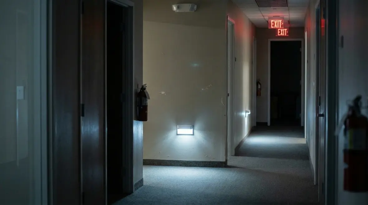 Technician inspecting egress lighting in Claremont building
