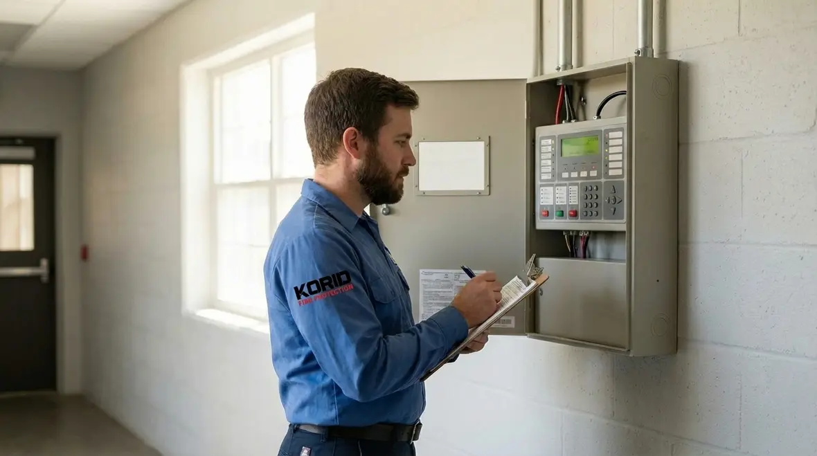 Fire alarm devices and notification appliances in commercial hallway