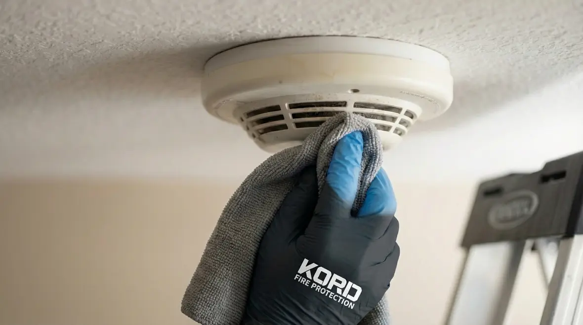 Fire alarm technician cleaning smoke detector during inspection