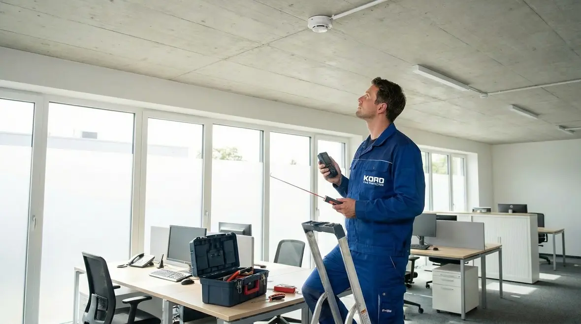 Professional fire alarm contractor correcting detector placement