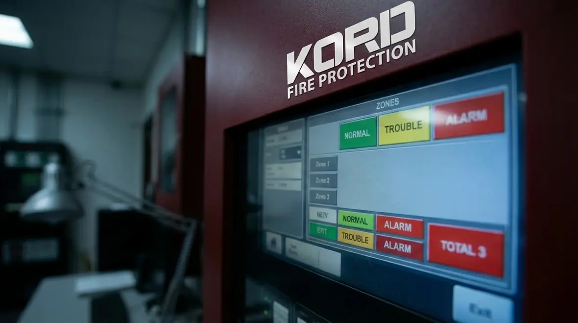 Technician inspecting fire alarm device placement in a commercial facility