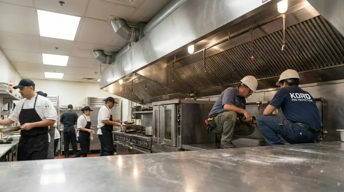 Commercial kitchen fire suppression nozzles protecting a restaurant hood