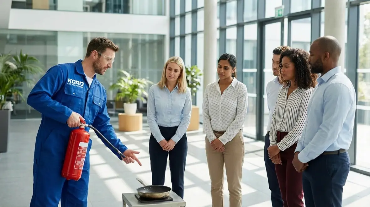 Technician preparing fire extinguisher training equipment