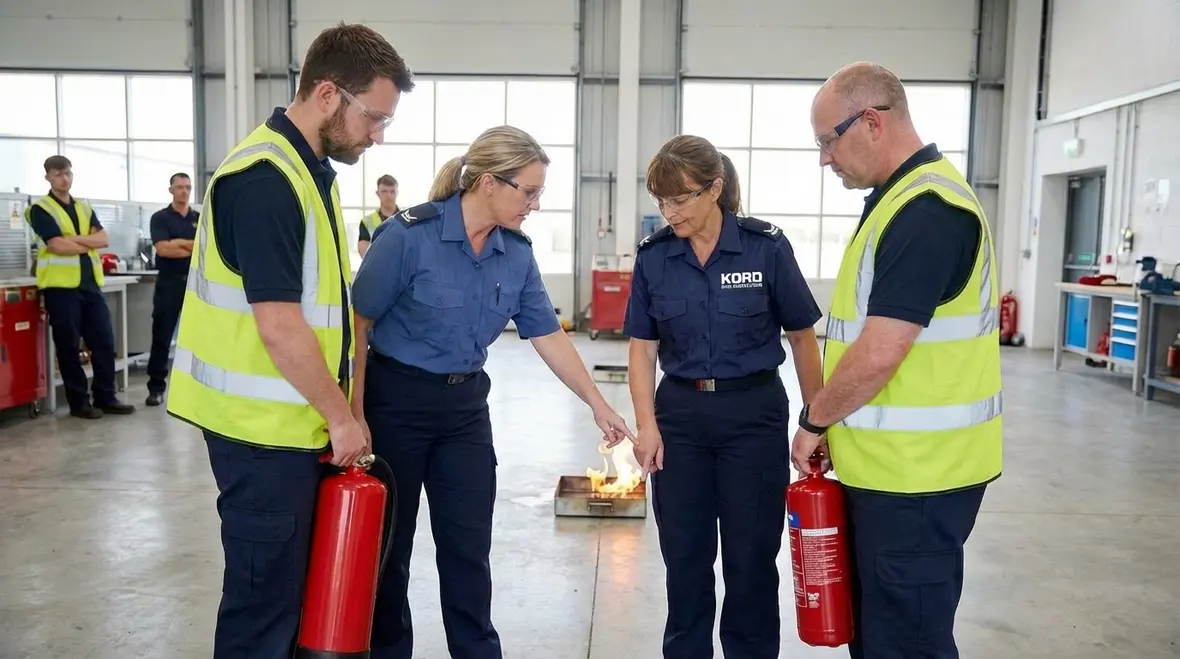 Fire protection technician inspecting extinguishers before training