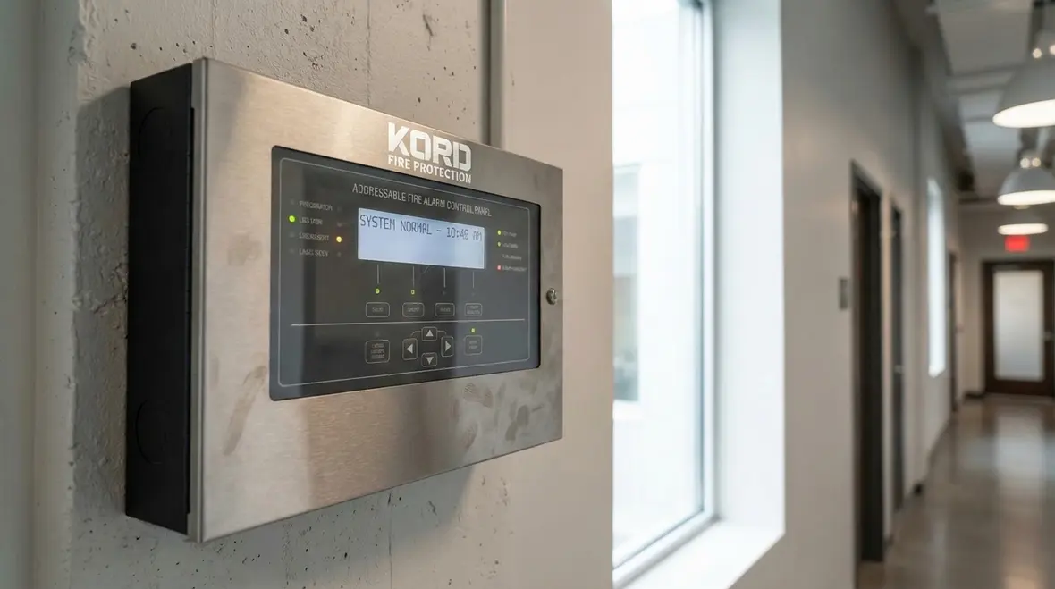 Technician upgrading commercial fire alarm equipment in Burbank