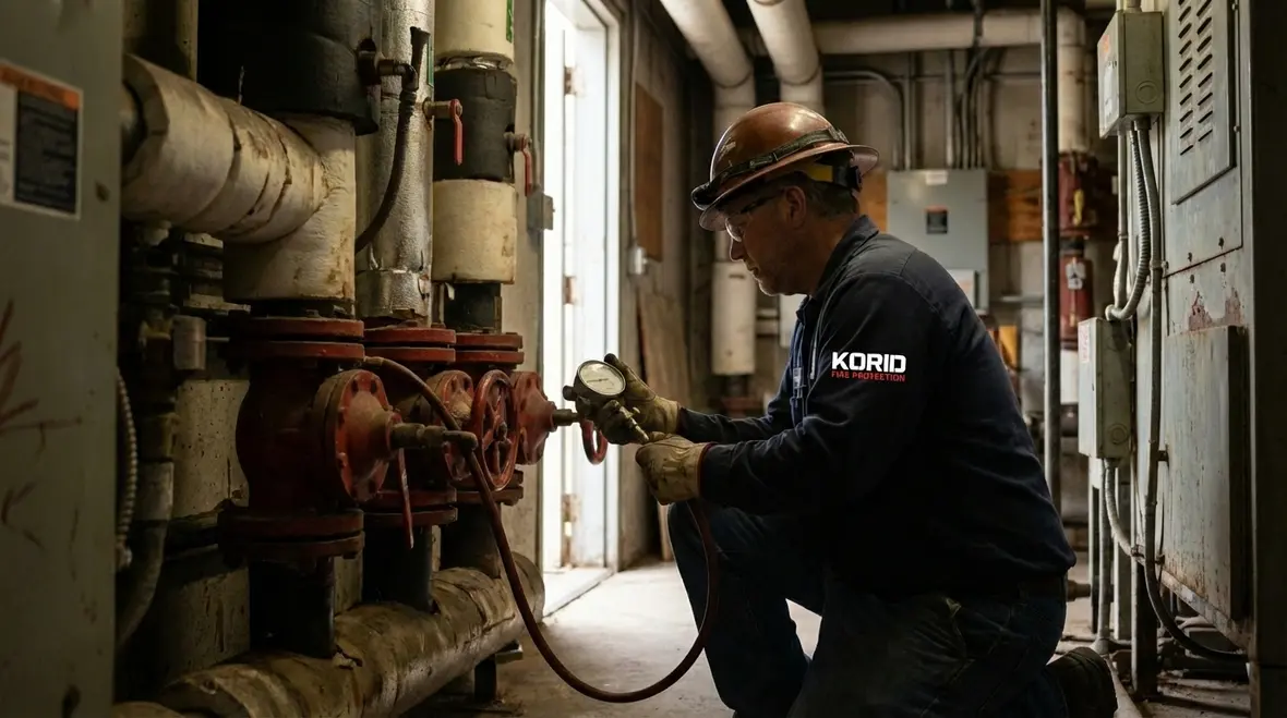 Technician performing Compton fire sprinkler maintenance inspection