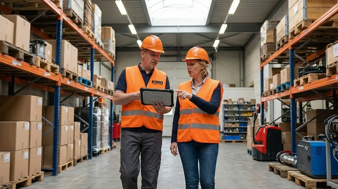 Technician checking warehouse fire sprinkler piping for damage