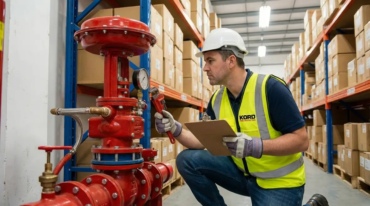 Technician reviewing warehouse fire sprinkler layout