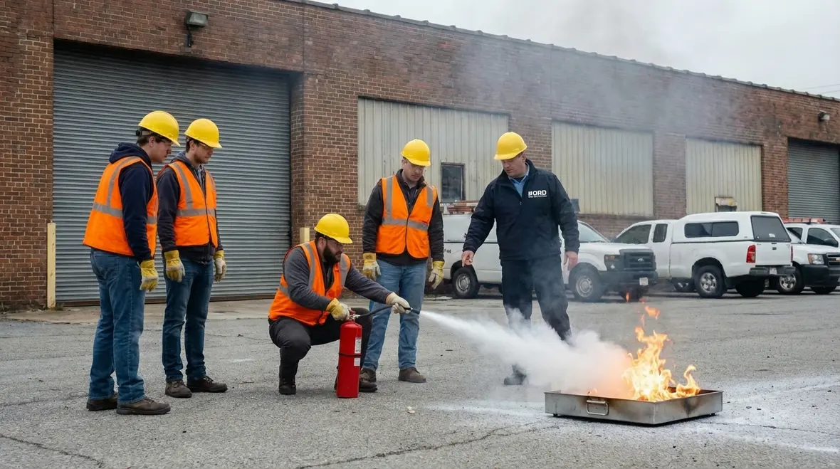 Employee practicing PASS fire extinguisher technique