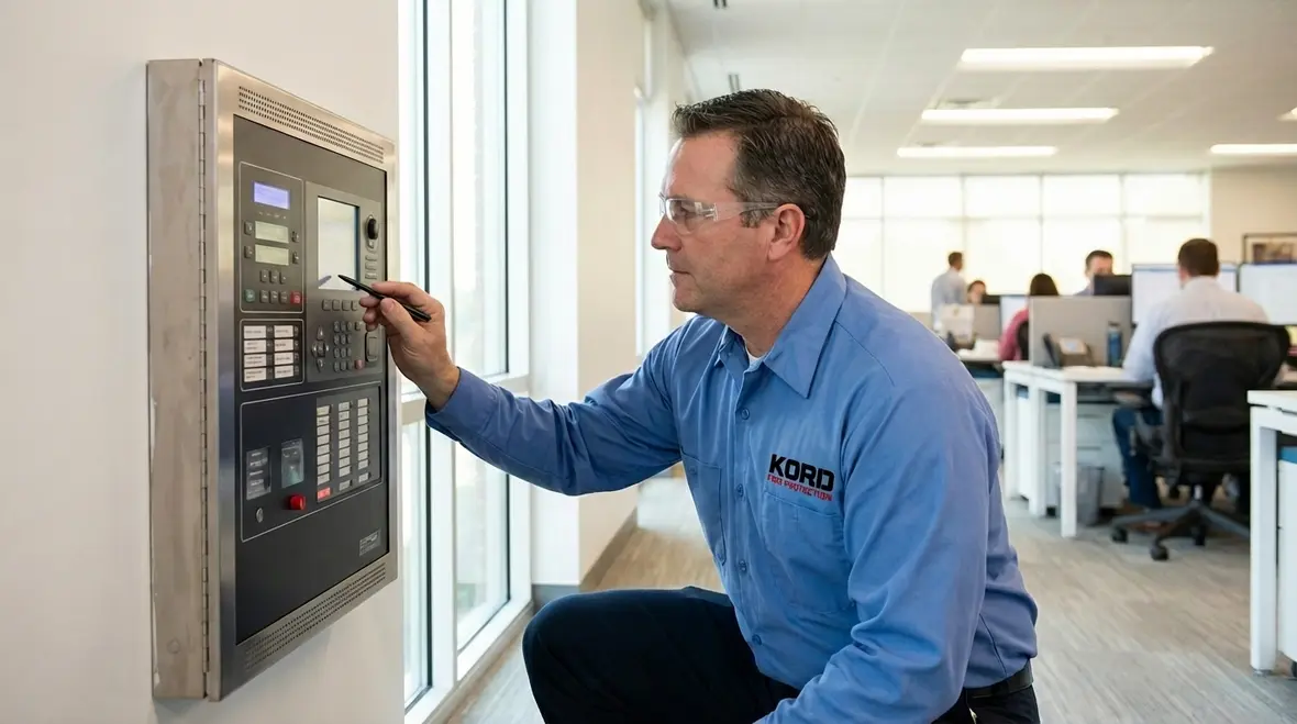 Covina fire alarm devices and smoke detectors being inspected