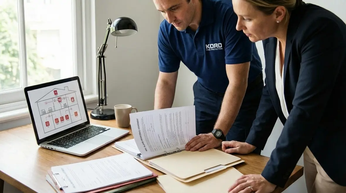Technician checking a Covina fire alarm monitoring panel