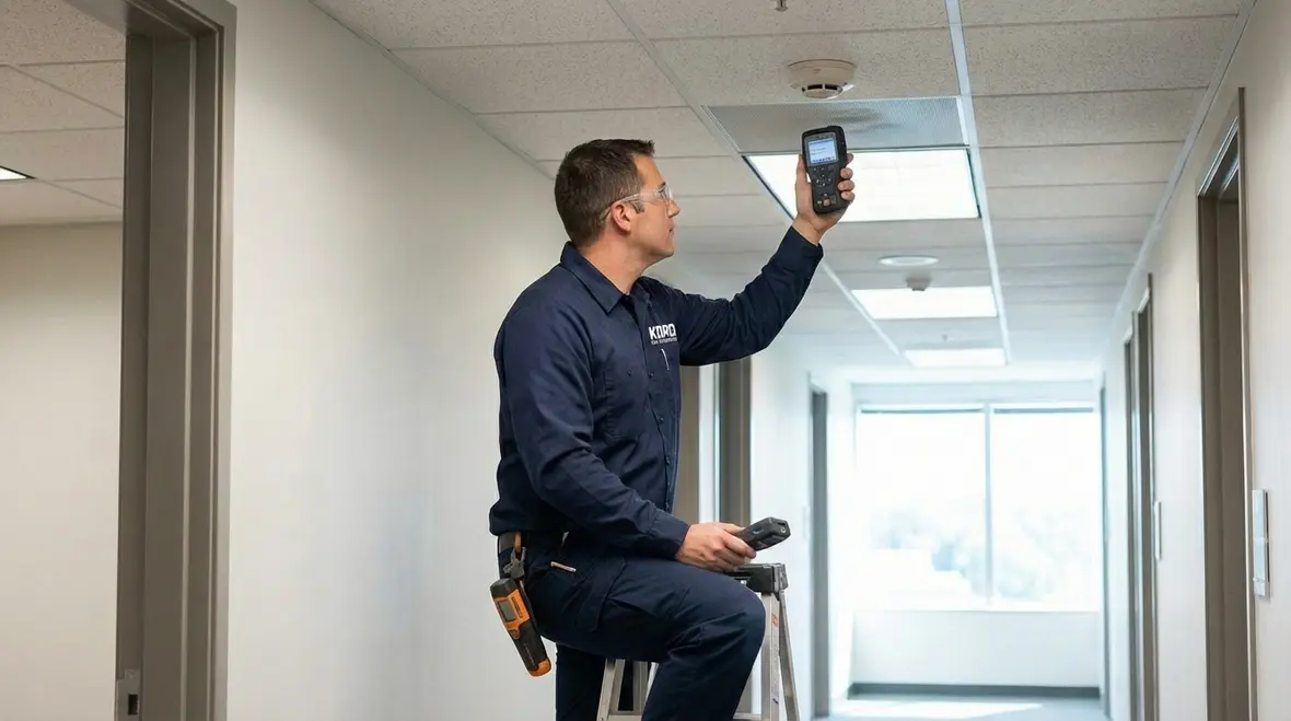 Fire alarm control panel showing properly calibrated smoke detector status