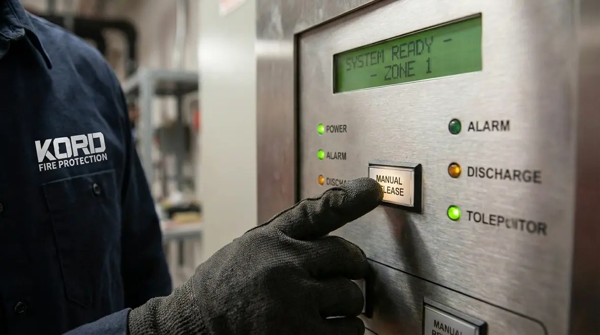 Fire protection technician reviewing clean agent fire suppression code compliance