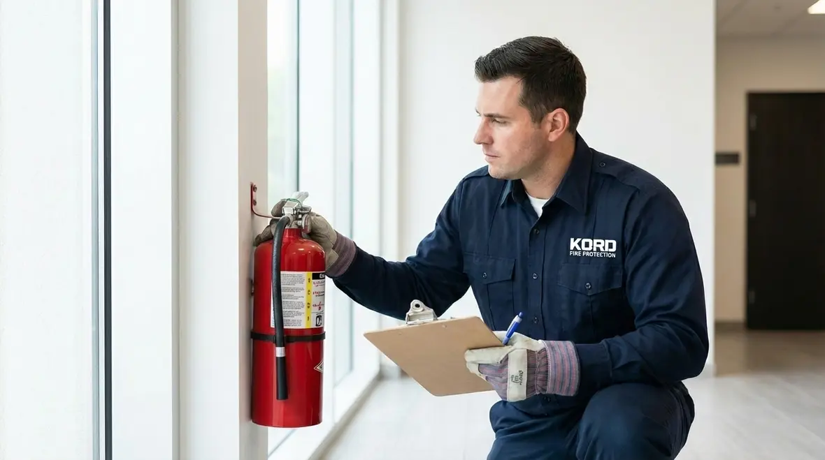 Licensed fire extinguisher technician updating inspection tag