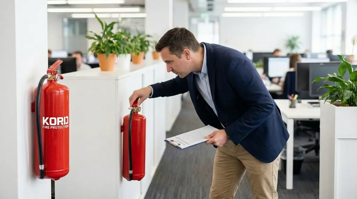 Business owner performing monthly visual fire extinguisher check