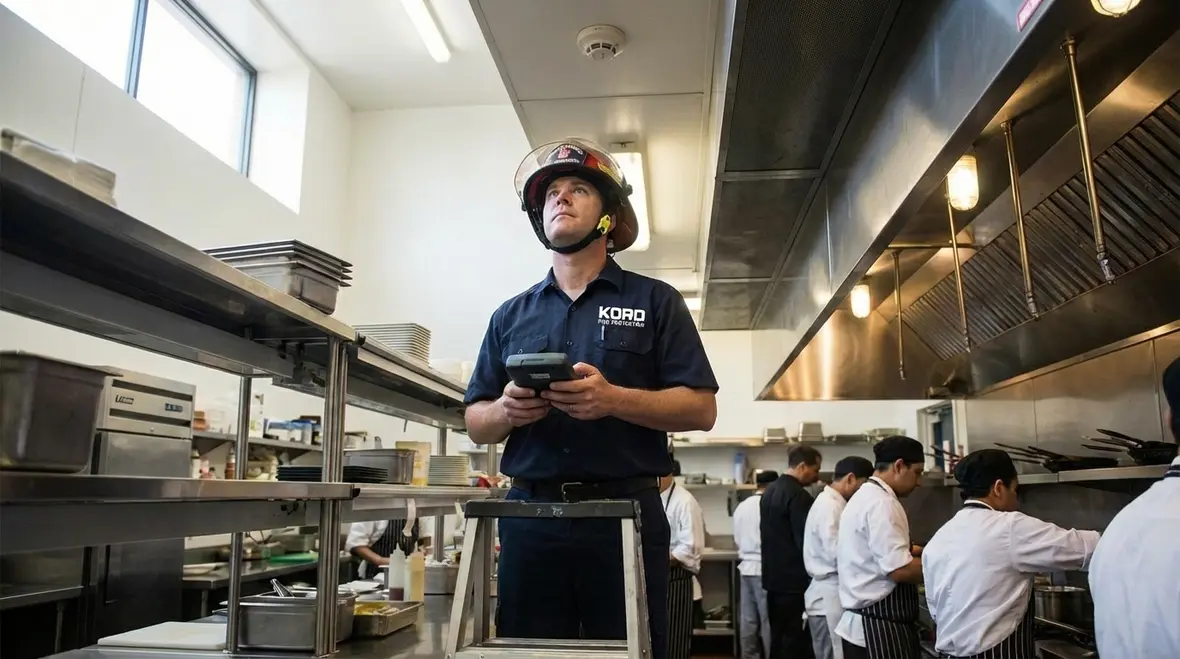 Technician inspecting commercial fire alarm panel in Culver City