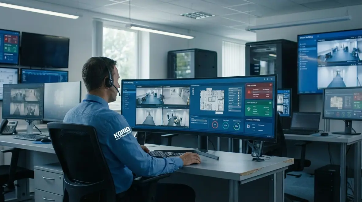 Smart building dashboard showing integrated fire alarm alerts