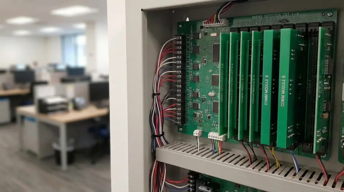 Technician configuring Downtown LA fire alarm monitoring panel