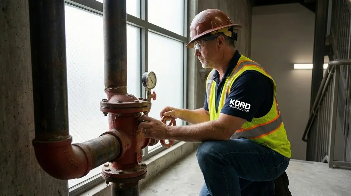 Downtown LA high rise stairwell with standpipe hose valve