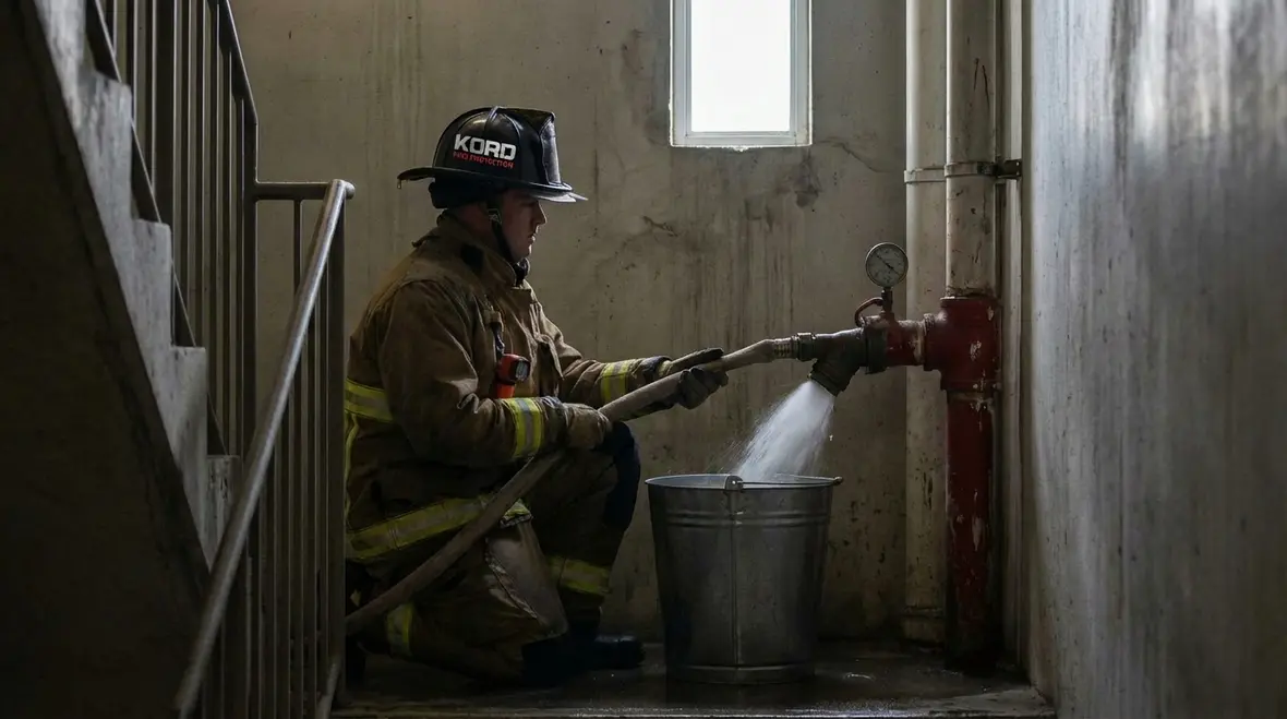 Technician performing Downtown LA standpipe inspection in a high rise stairwell
