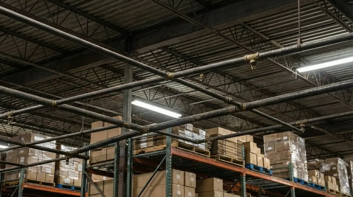 Technician demonstrating fire extinguisher use in a warehouse