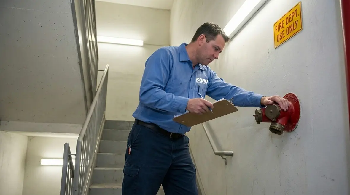 Technician inspecting standpipe and sprinkler piping in Gardena building