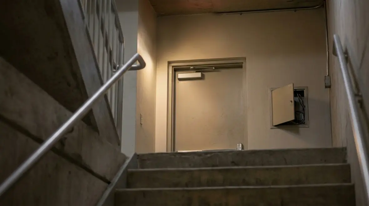 Emergency lighting placement along a commercial hallway