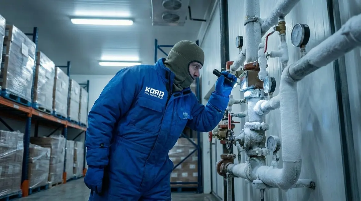 Technician reviewing environmental fire suppression design conditions