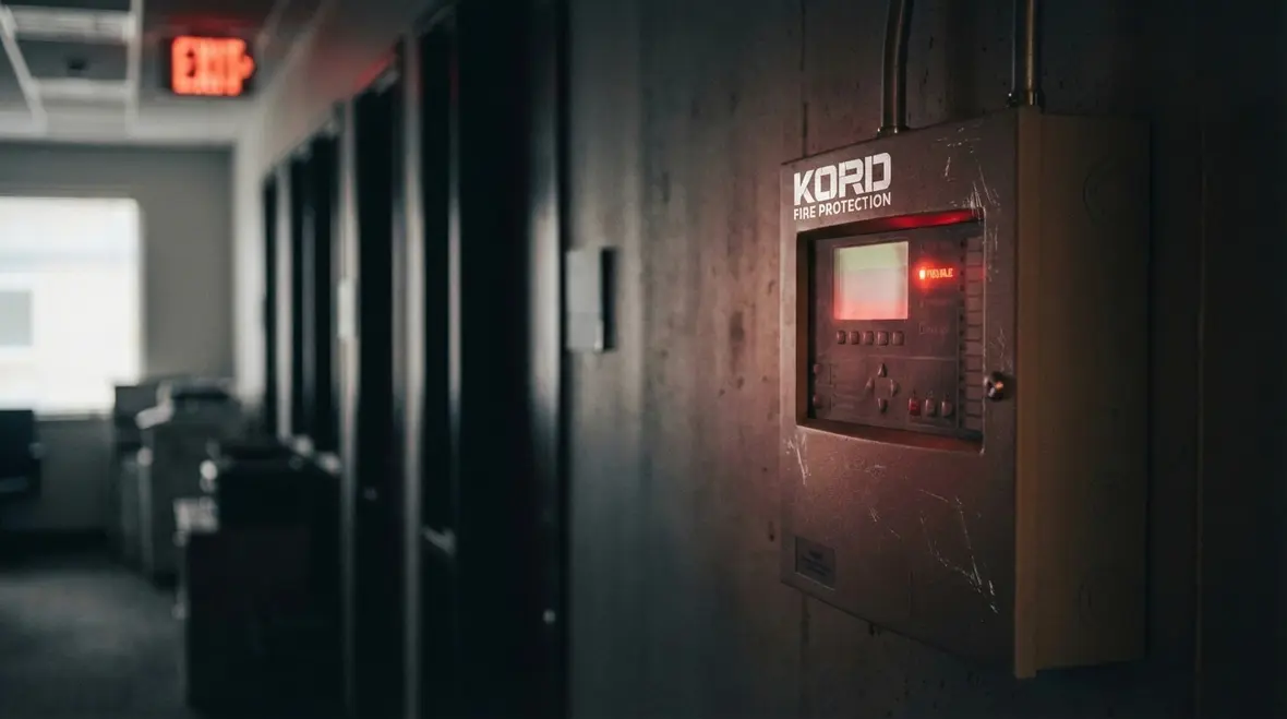 Fire alarm panel displaying trouble signals due to battery failure