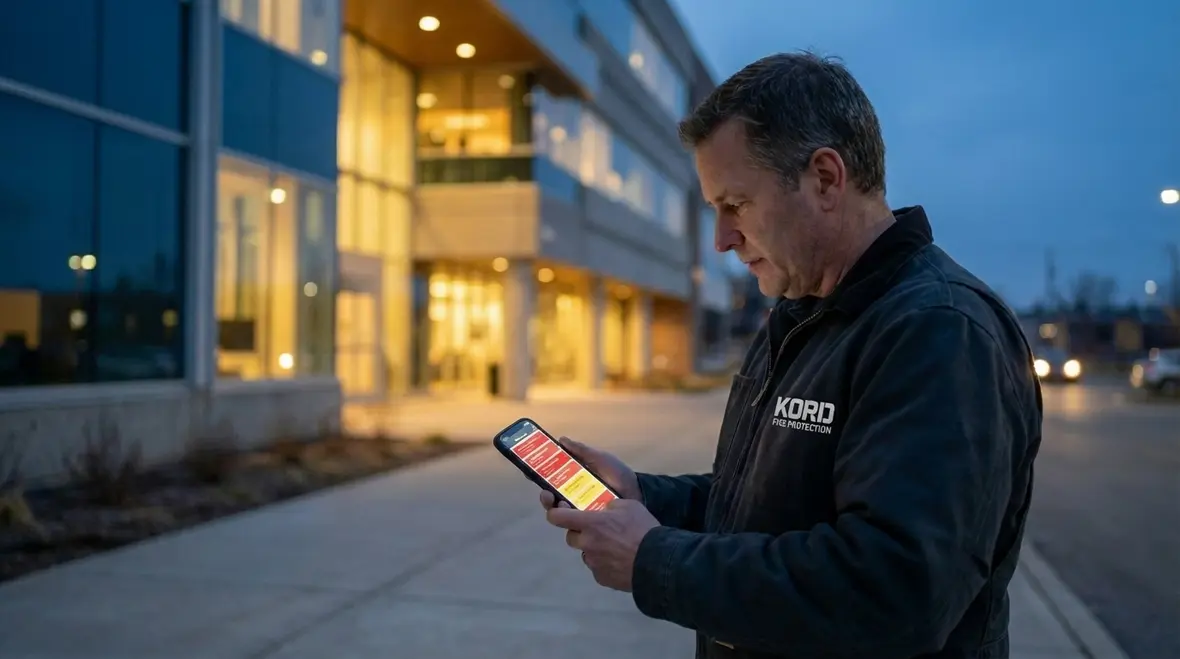 Compliance-focused fire alarm control panel in commercial facility