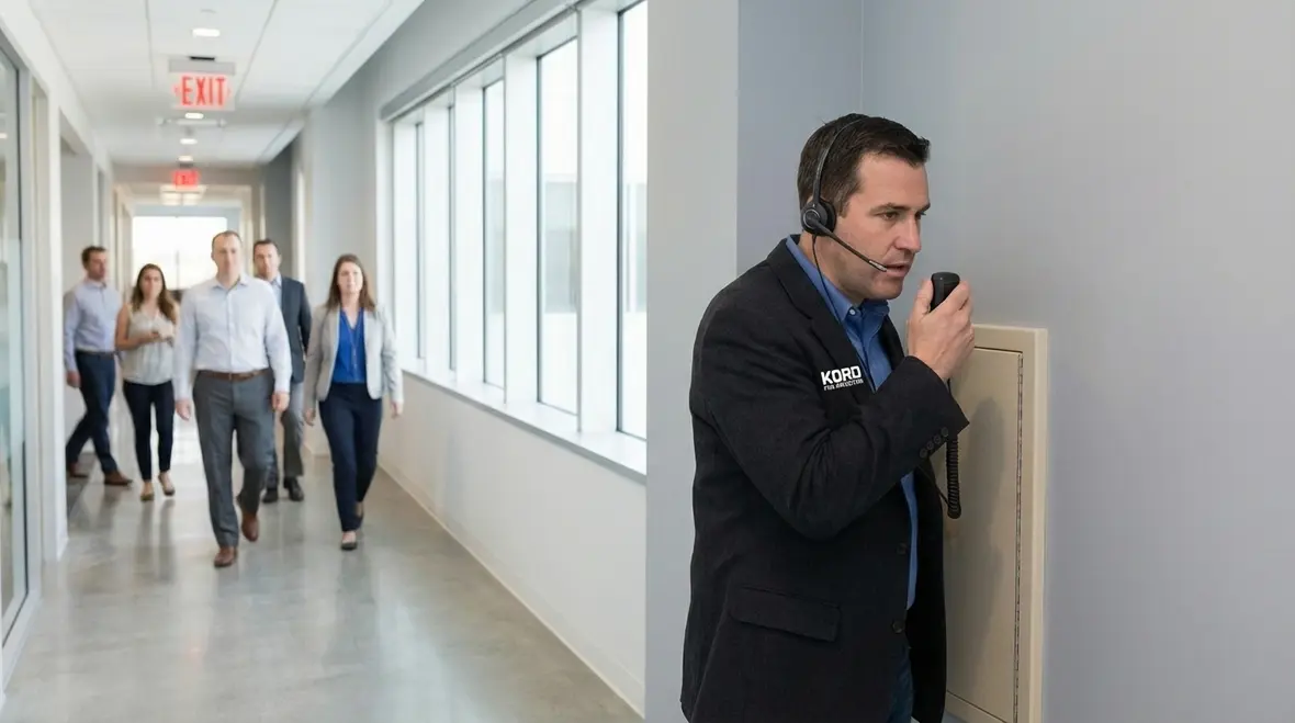 Technician testing fire alarm speaker for clear voice evacuation messages