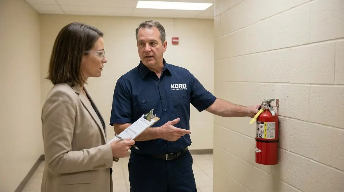 Kord Fire technician educating a business owner about extinguishers