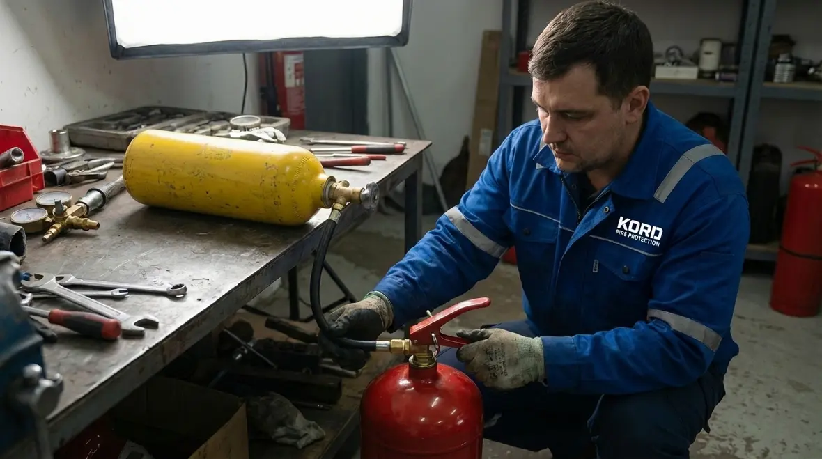 Fire extinguisher being recharged by a technician