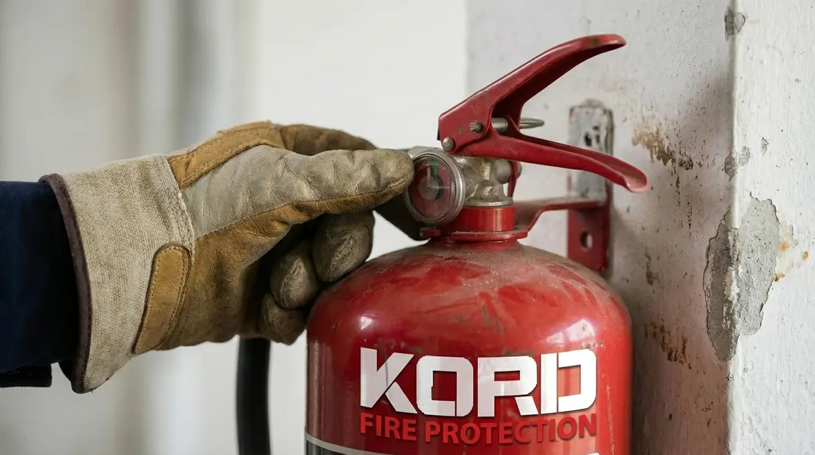 Technician inspecting fire extinguisher pressure gauge