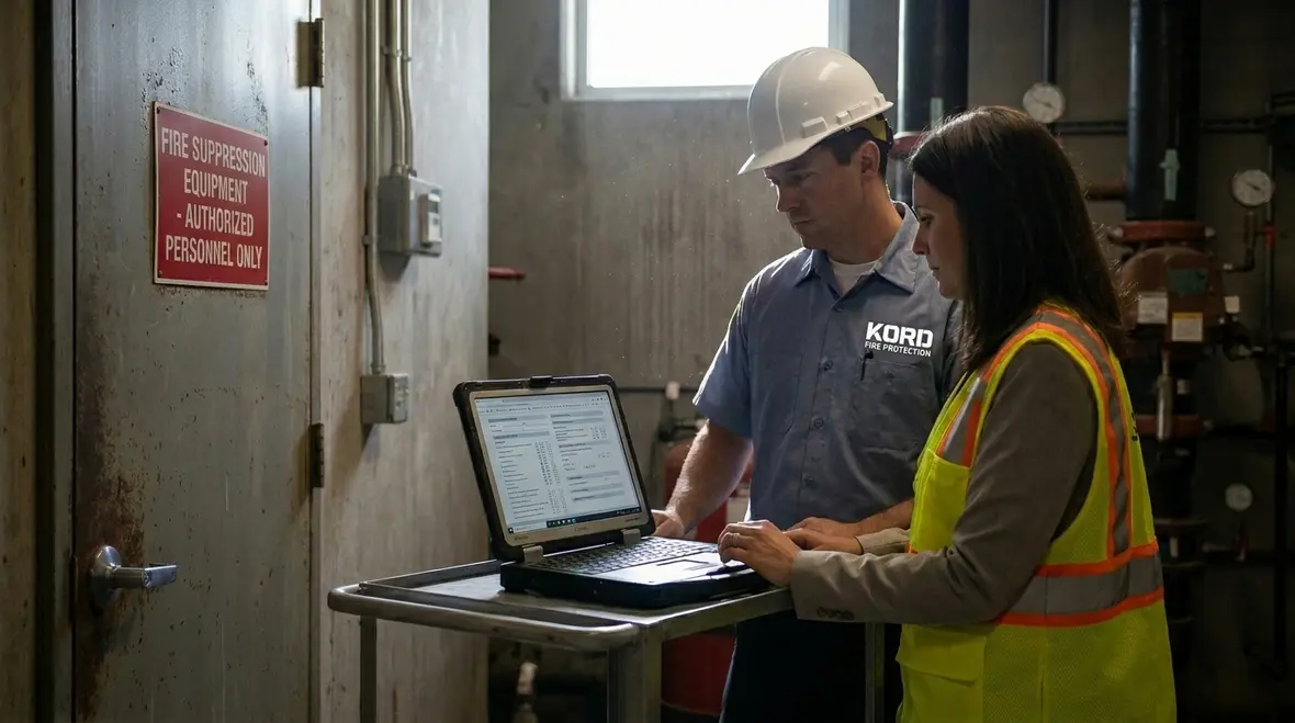 Facility manager mapping fire safety compliance workflow and inspection documents