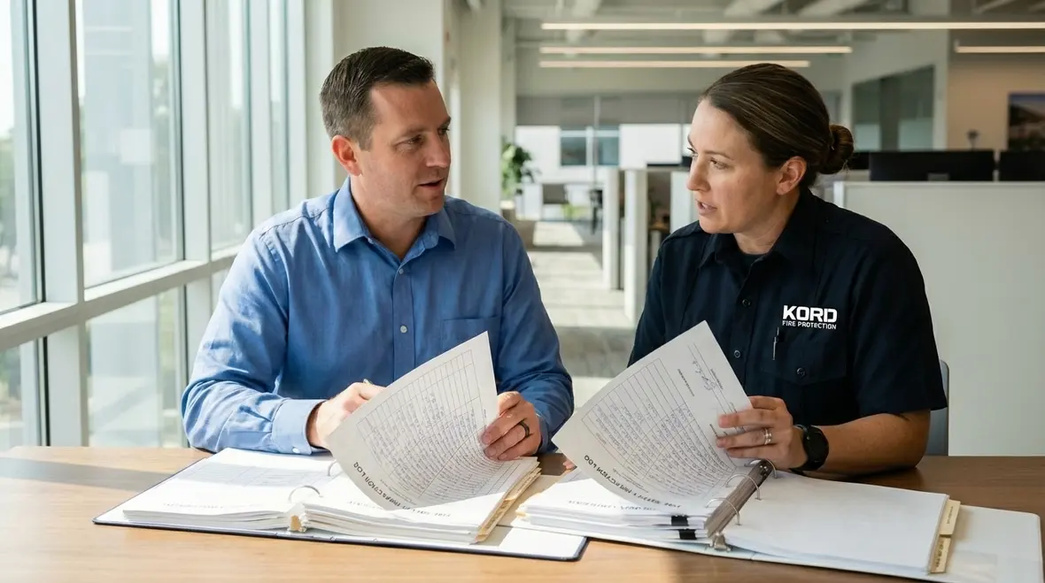 Technician reviewing fire safety system documentation