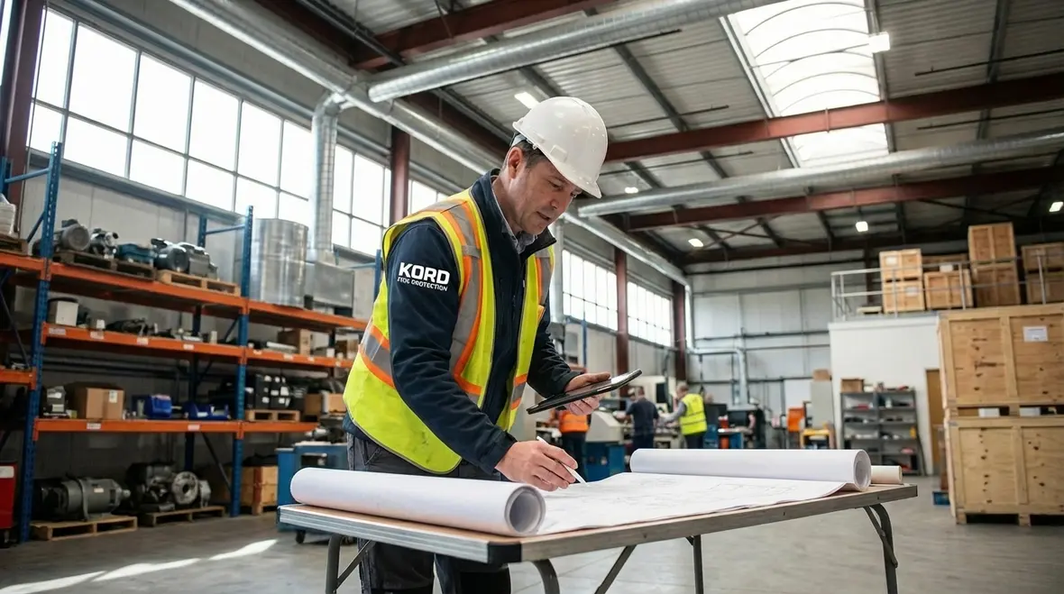 Technician reviewing fire protection system design plans