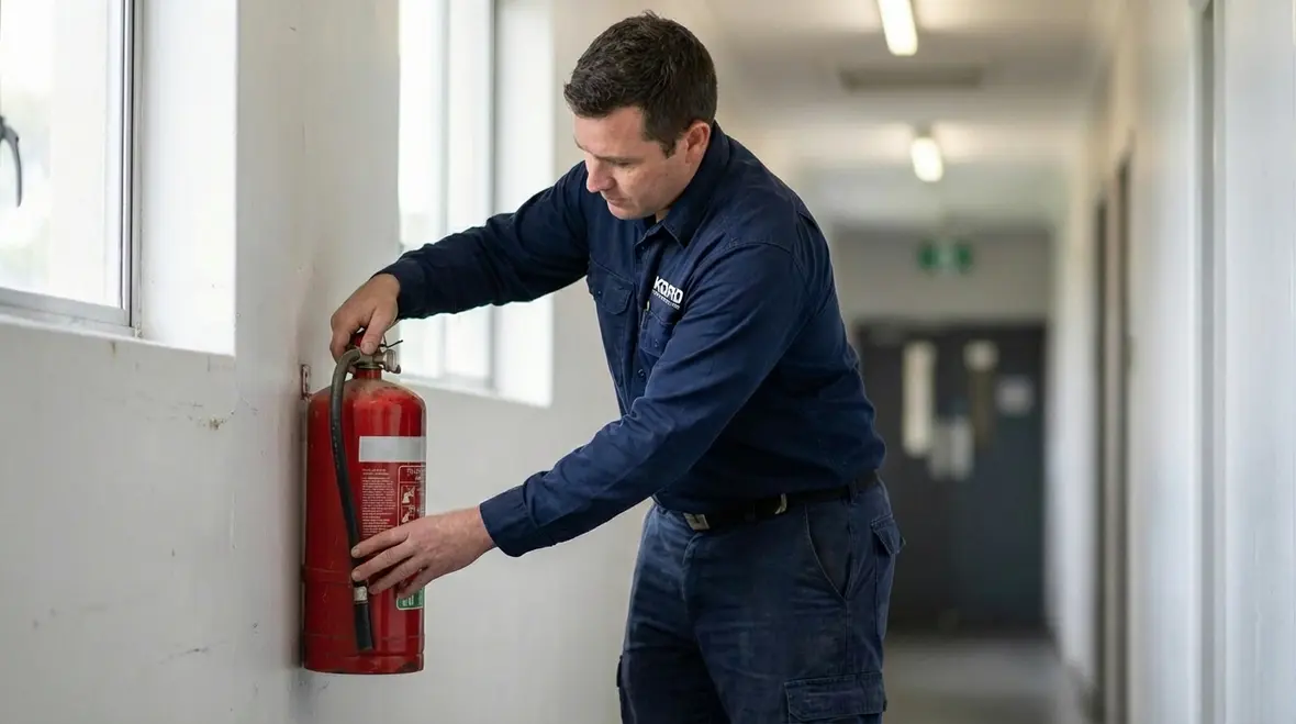 Technician inspecting a fixed fire suppression system